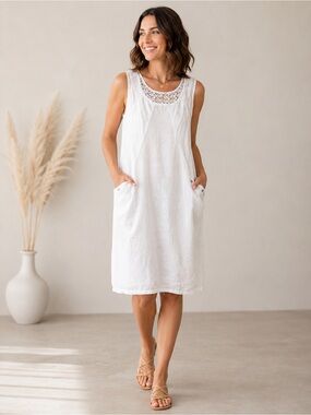 Lina Tomei White Linen Sleeveless Dress Lace Yoke Pockets Medium